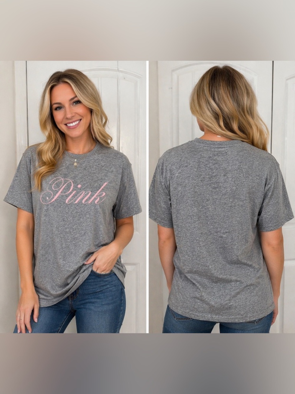 VS PINK Campus Cotton Tee Oversized XS Gray Graphic Short Sleeve